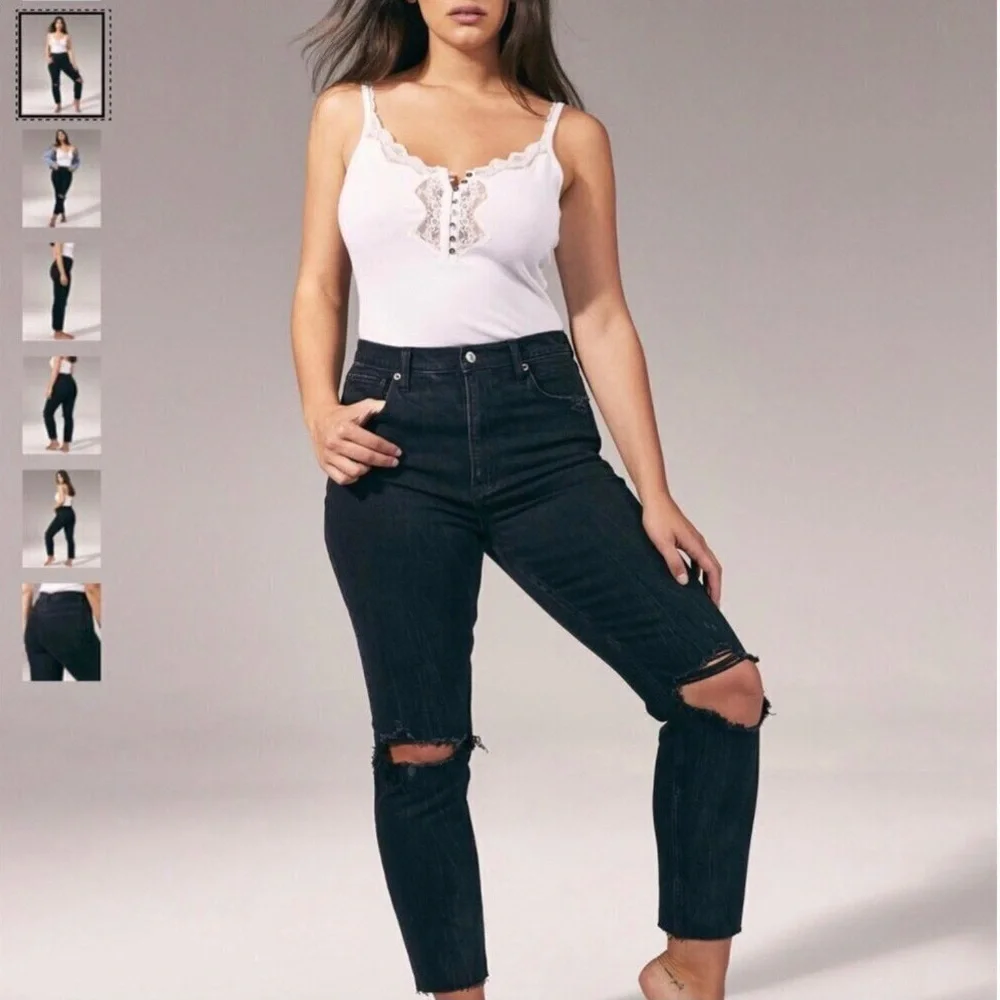 Abercrombie 2 (26) Ultra High Rise Mom Womens Jeans Black Distressed Frayed Hems
